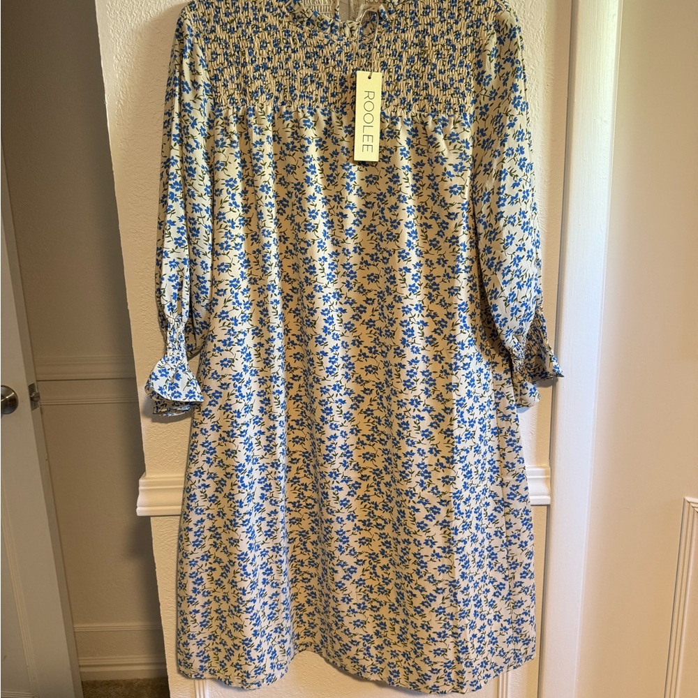ROOLEE Cream and Blue Floral Long Sleeve Dress